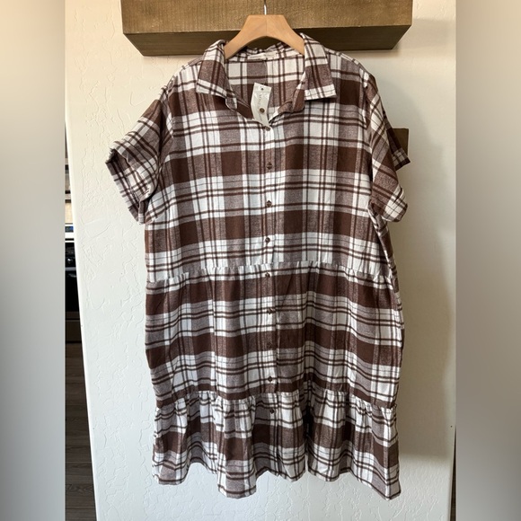 madison + hudson Dresses & Skirts - Madison+Husdon|Brown & White Plaid Button-Up Shirt Dress,Casual relaxed fit•NWT